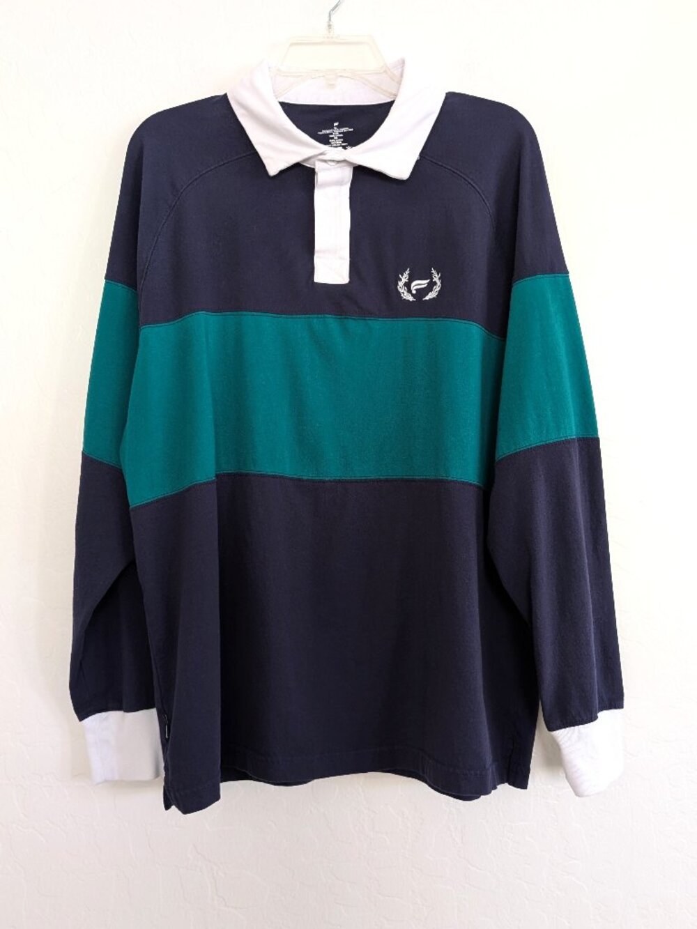 FABLETICS Rugby Shirt Men's XL Green Blue Colorblock Logo Long Sleeve Polo